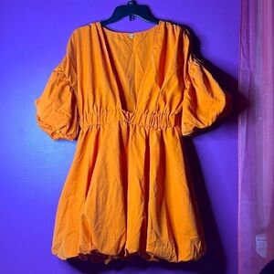 VIBRANT MEDIUM ORANGE BABYDOLL V-NECK PUFFY SHORT SLEEVE MINI DRESS